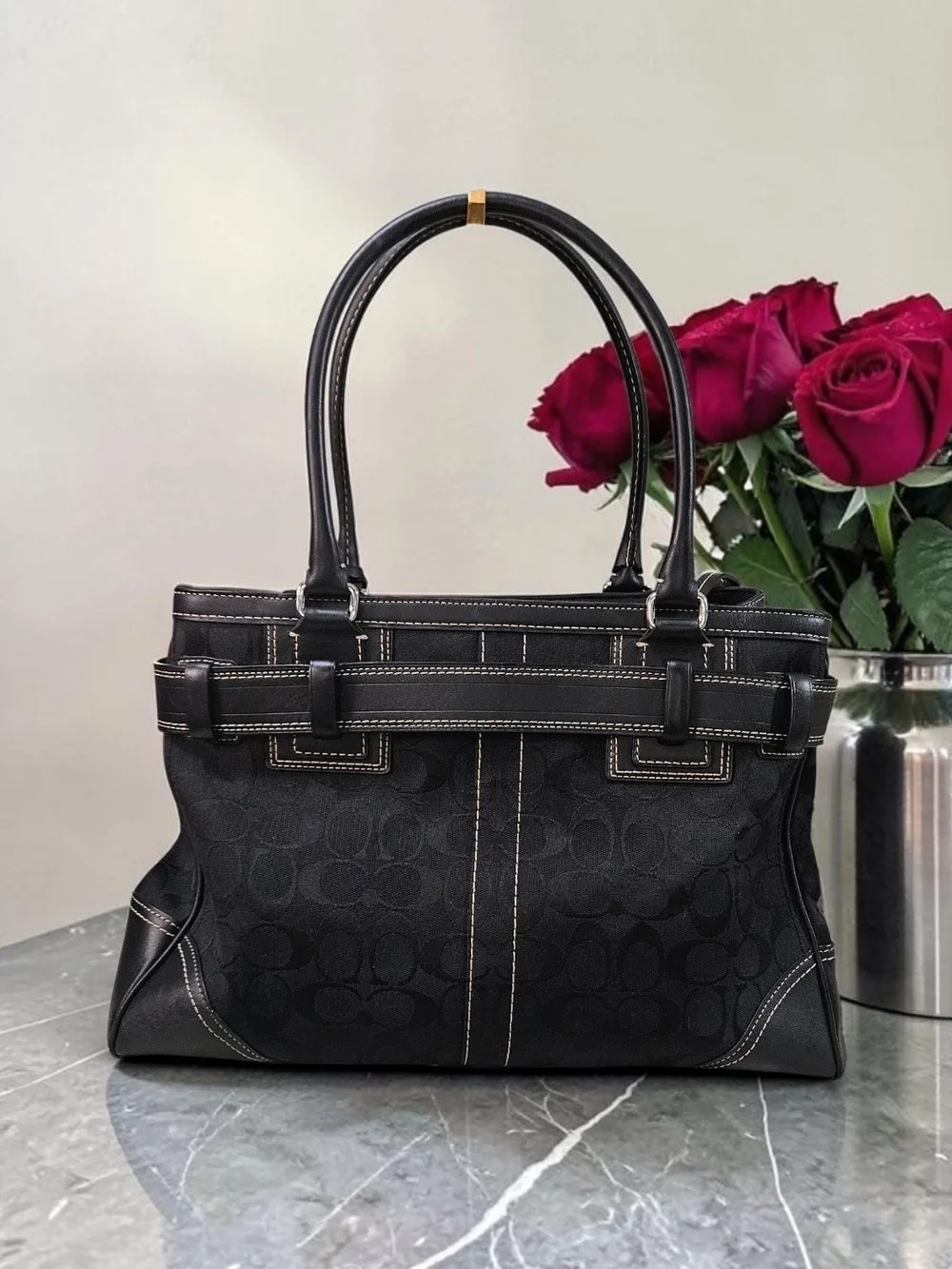 Coach Hampton Vintage 2006 Black Signature Canvas Tote with Silver Hardware